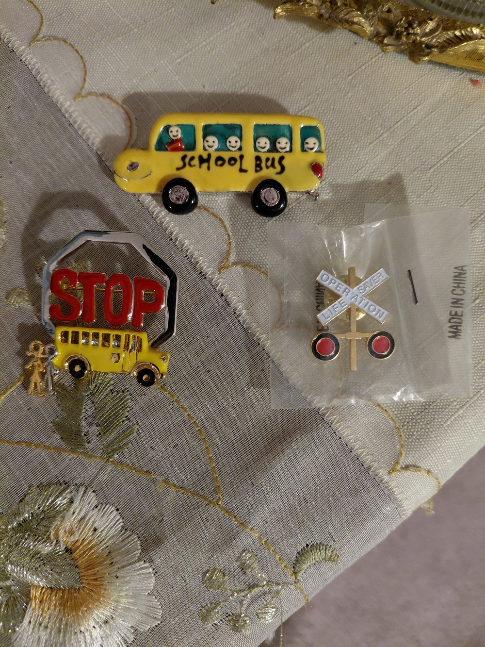 Vintage Yellow School Bus Enamel Pins 3 In Set - STOP Sign & Railroad Crossing